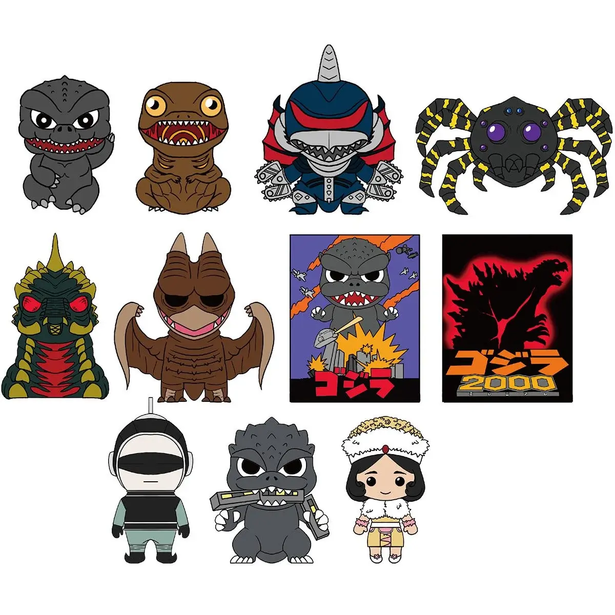 Various Godzilla figures. MIGHTY JAXX FREENY'S HIDDEN DISSECTIBLES: ONE PIECE SERIES 02, assorted characters and their designs.