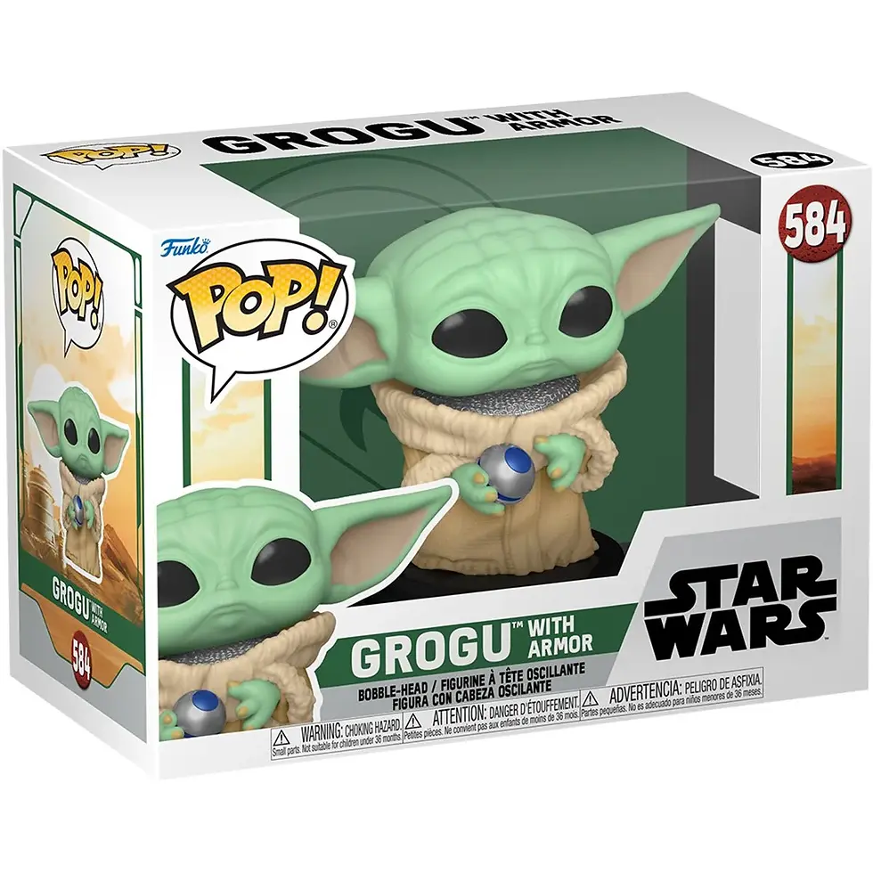 Thumbnail: Grogu with Armor Funko Pop! figure in box, Star Wars collectible toy.