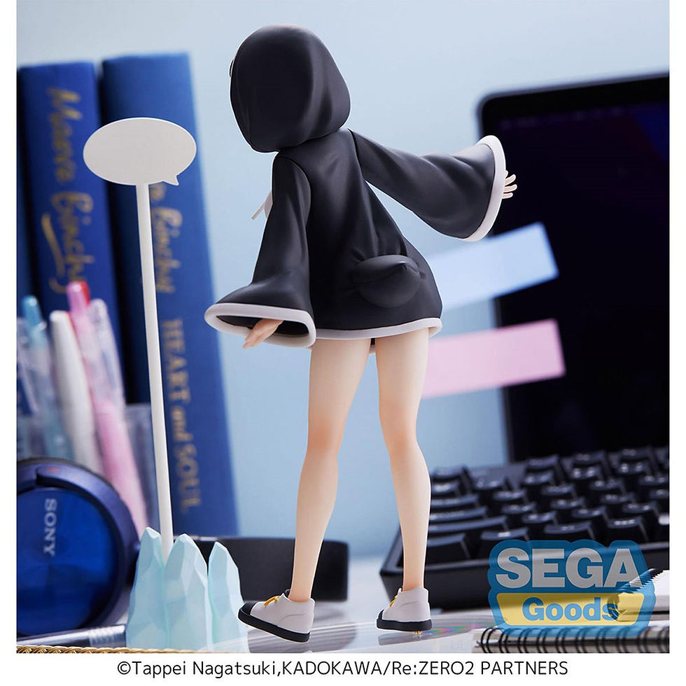 Thumbnail: Anime figure, Rem, wearing black hoodie, standing near books and keyboard.