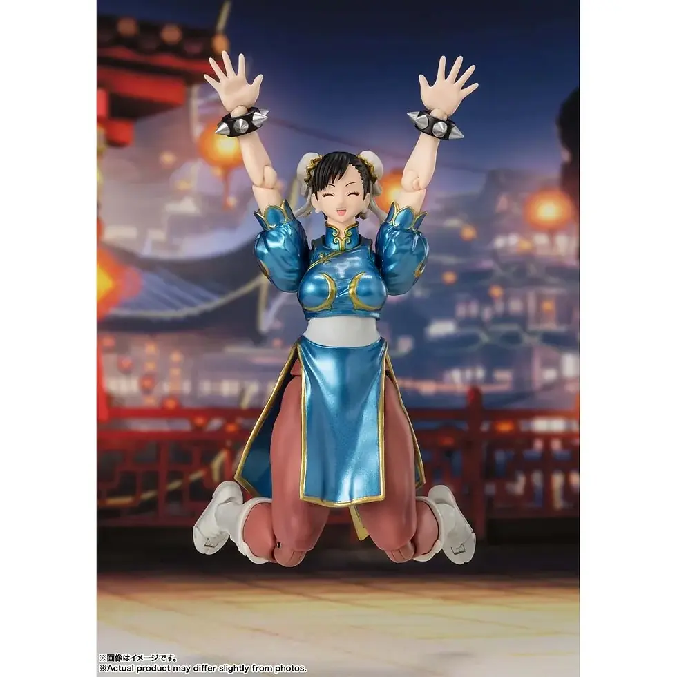 Thumbnail: Chun-Li action figure kneeling, arms raised, blue dress, black wristbands, classic pose.