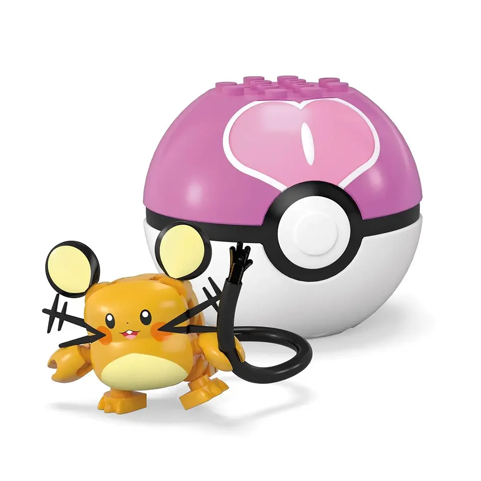 Thumbnail: Yellow Dedenne figure with a pink and white Pokeball; a toy set.