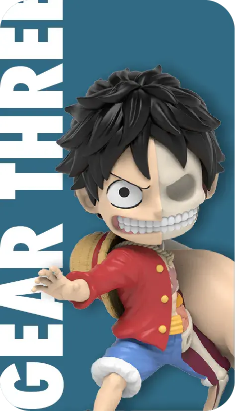 Thumbnail: Luffy figure. GEAR THREE text visible. MIGHTY JAXX FREENY'S HIDDEN DISSECTIBLES: ONE PIECE.