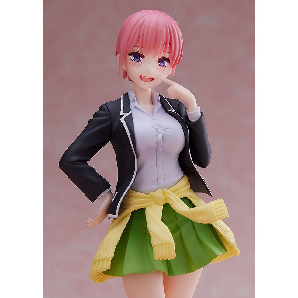 Thumbnail: Anime figure of a girl with pink hair, black jacket and green skirt