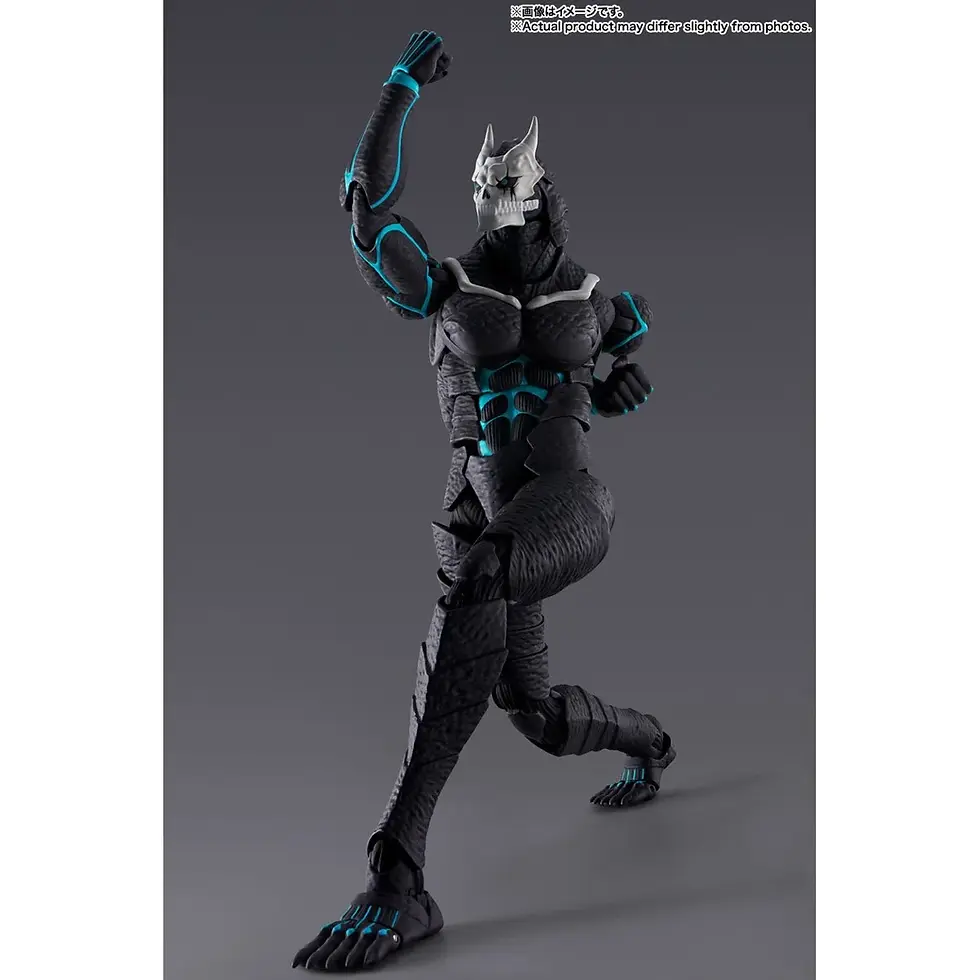 Thumbnail: Action figure in dynamic pose, black and silver armored figure, training stance, gray background.
