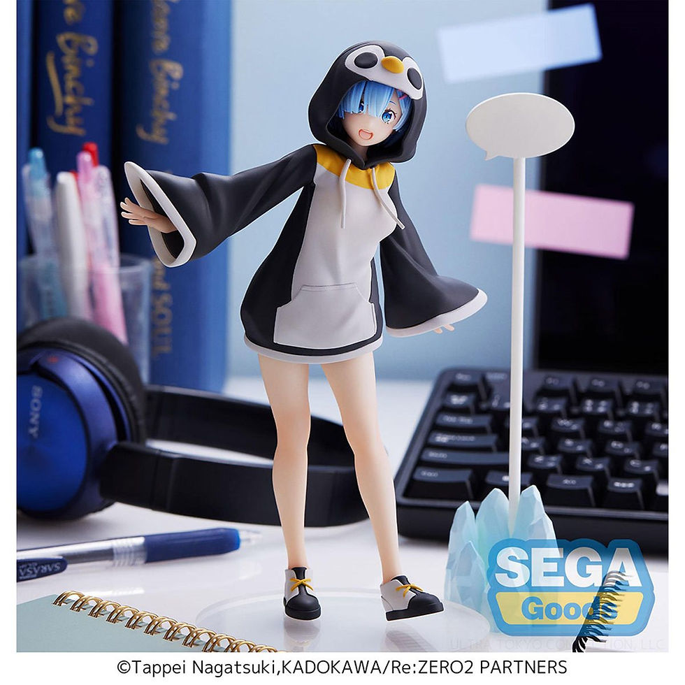 Thumbnail: Rem figure wearing penguin outfit stands on desk next to SEGA goods