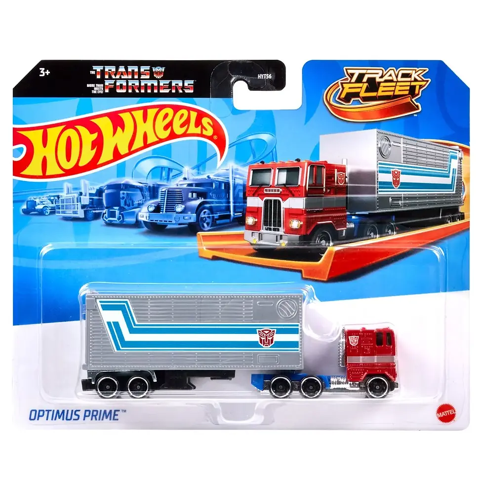 Thumbnail: Hot Wheels Optimus Prime Track Fleet truck toy on a blue background.