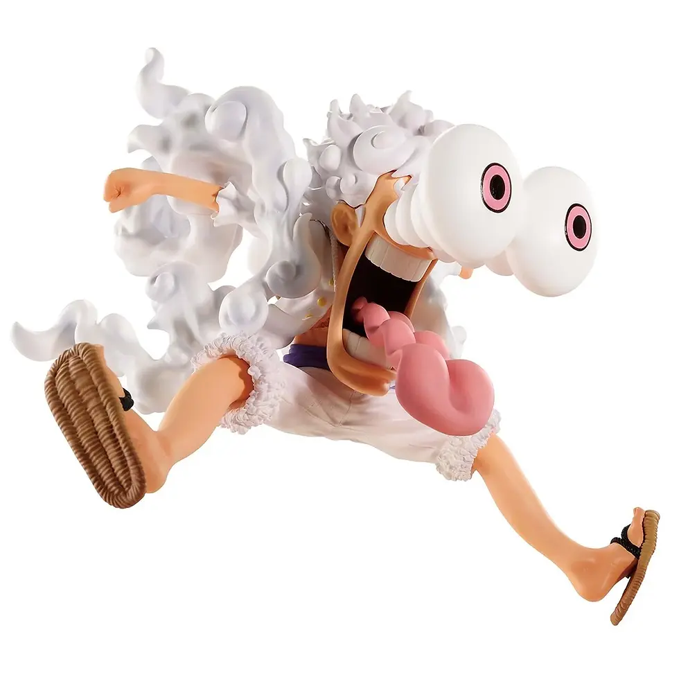 Thumbnail: One Piece Monkey D. Luffy figure in Gear 5 form, iconic pose, dynamic action scene
