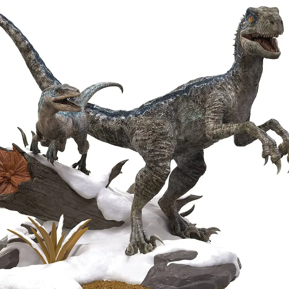 Thumbnail: Two detailed Velociraptors standing on a snowy log, dynamic action pose, white background.