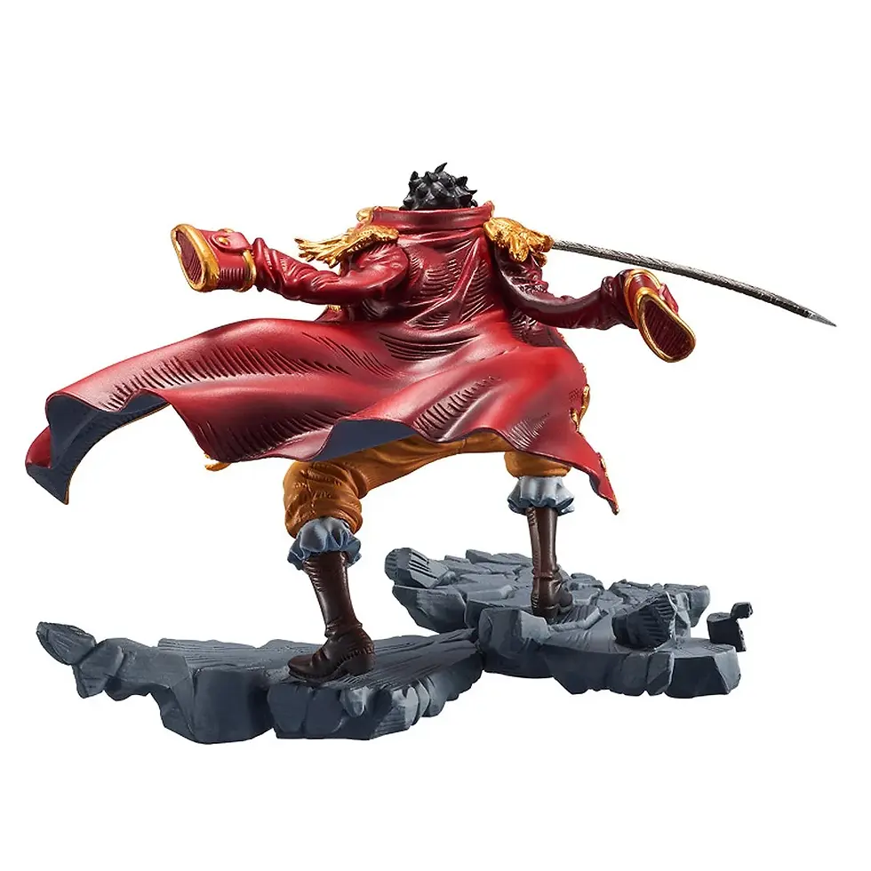 Thumbnail: One Piece figure in a dynamic pose, red coat and sword on grey rocks