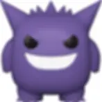 Purple Gengar Funko Pop figure smiling with black eyes and sharp teeth.