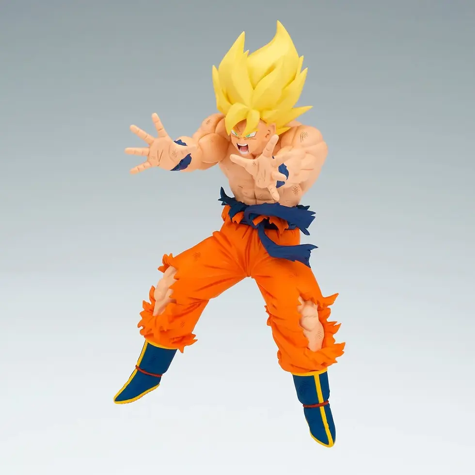 Thumbnail: Goku in Super Saiyan form, orange outfit, preparing for an attack, action figure