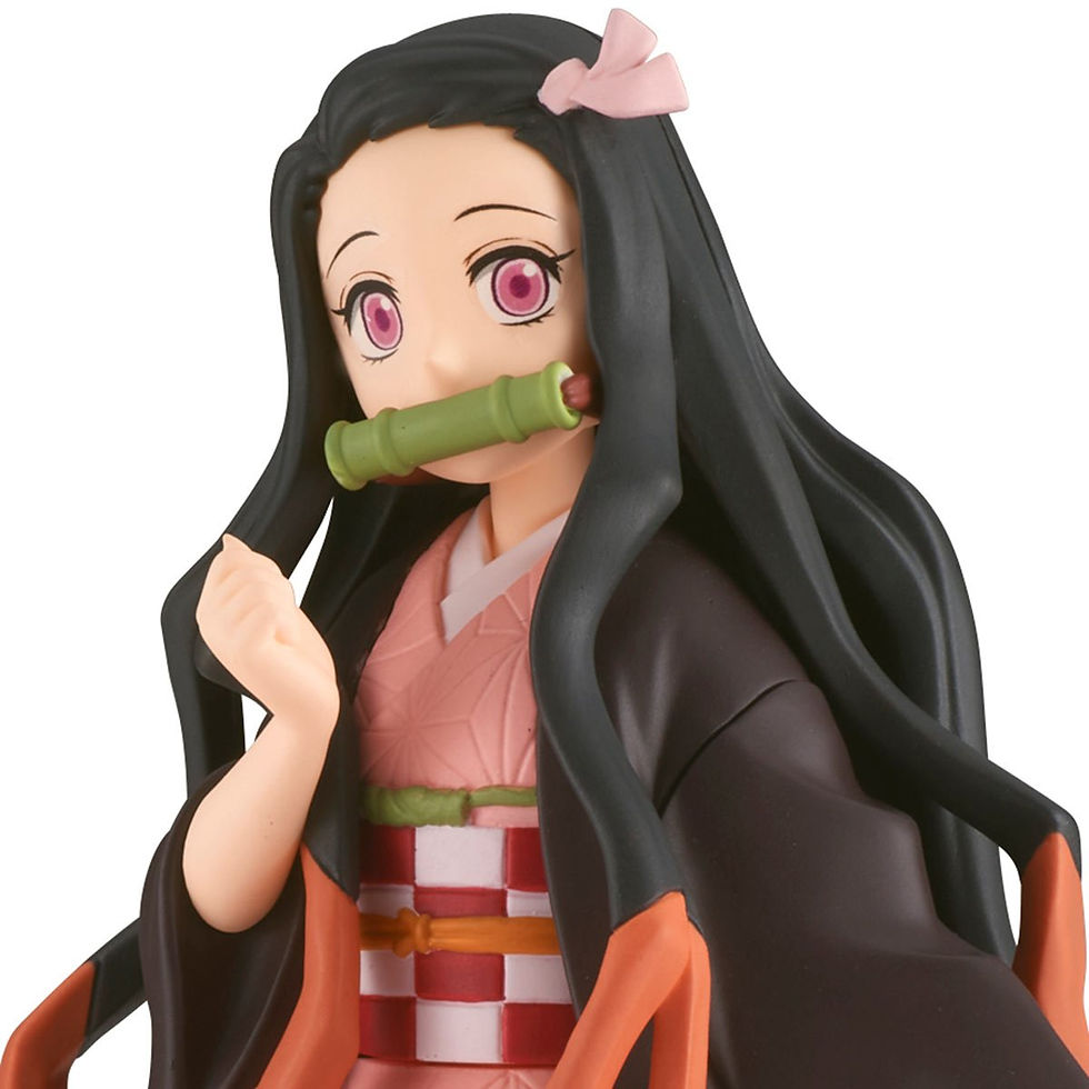 Thumbnail: Nezuko Kamado statue, Demon Slayer, with bamboo in her mouth and a pink bow.