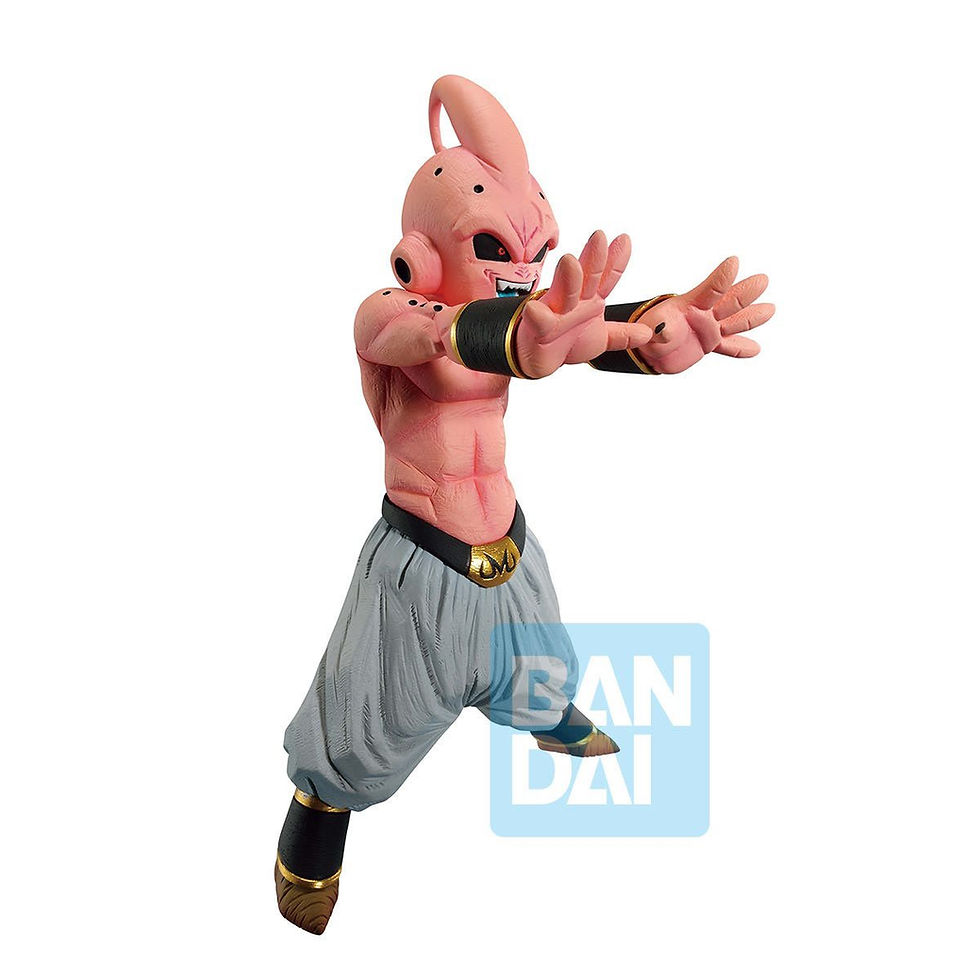Thumbnail: Majin Buu figure, Bandai text, pink and blue character pose, white background.