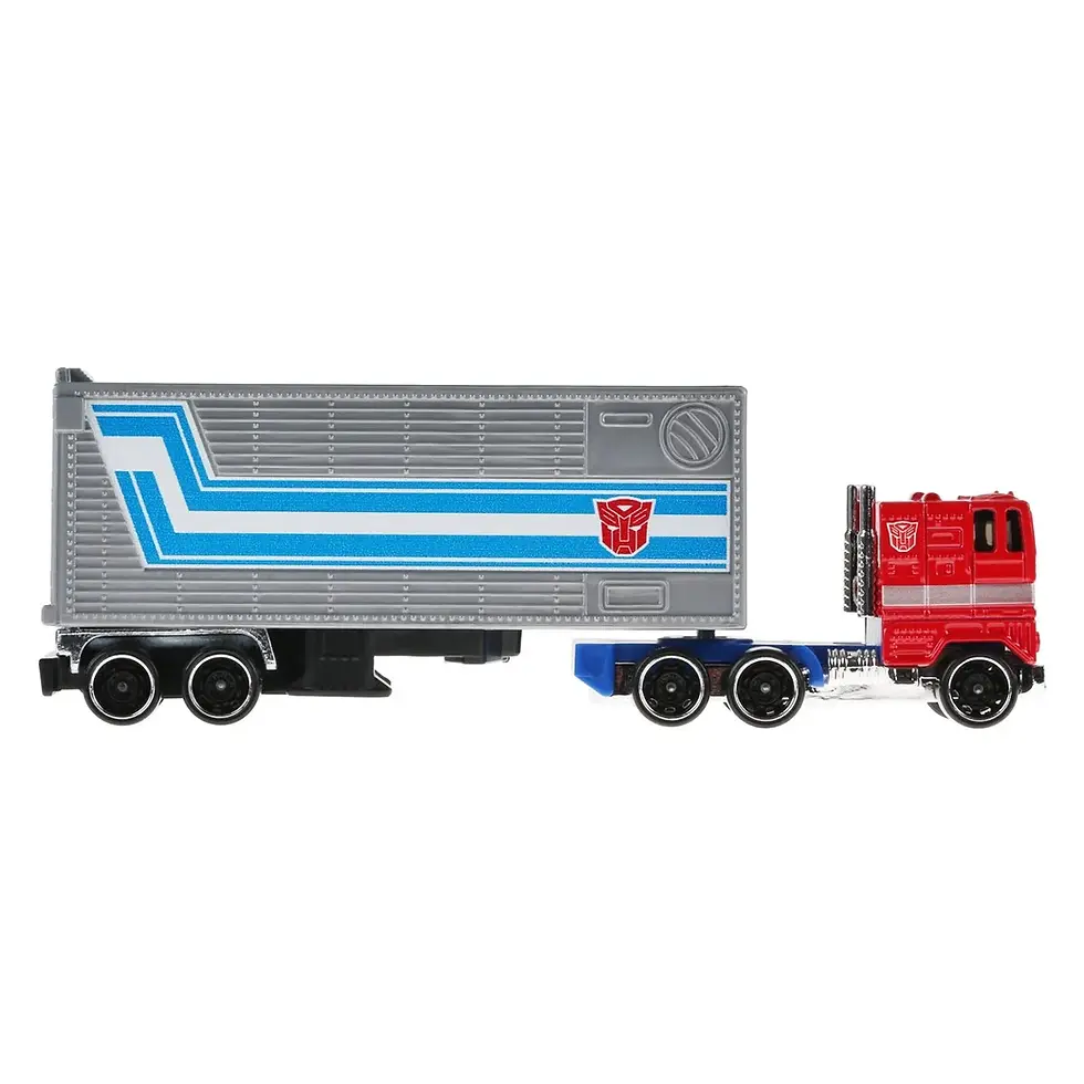 Thumbnail: Red and blue truck with trailer and Transformers logo on it.