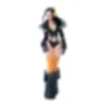 Anime figure of a woman wearing black outfit standing isolated on white background.