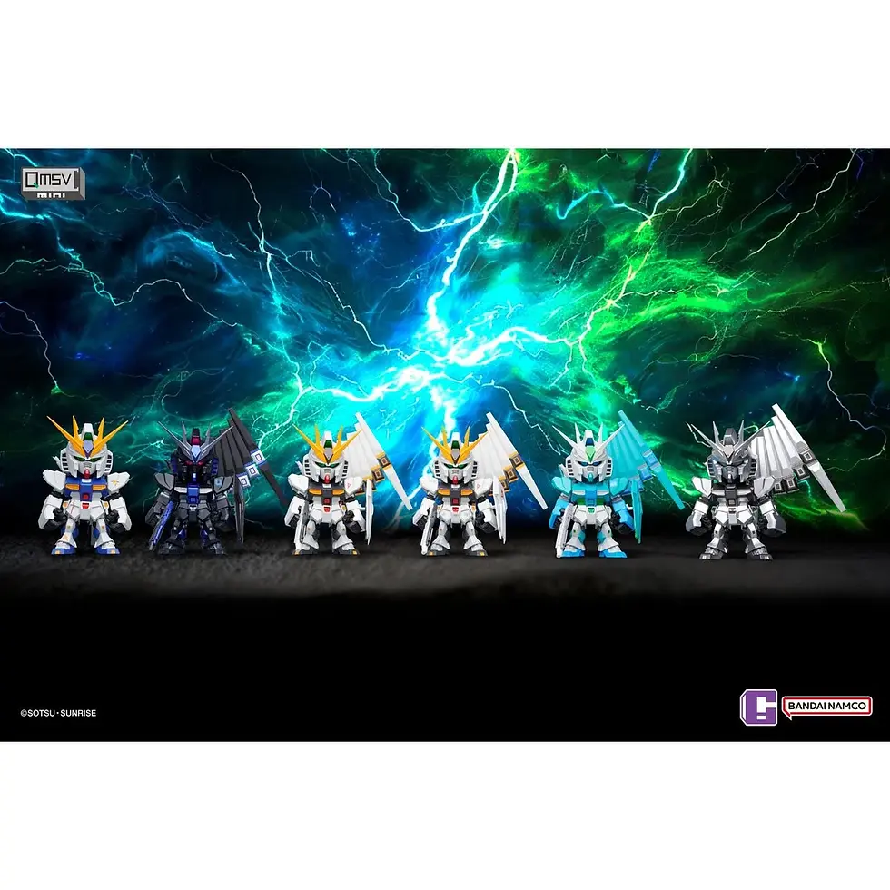 Thumbnail: Several Gundam figures posing with wings in front of a green and blue background.