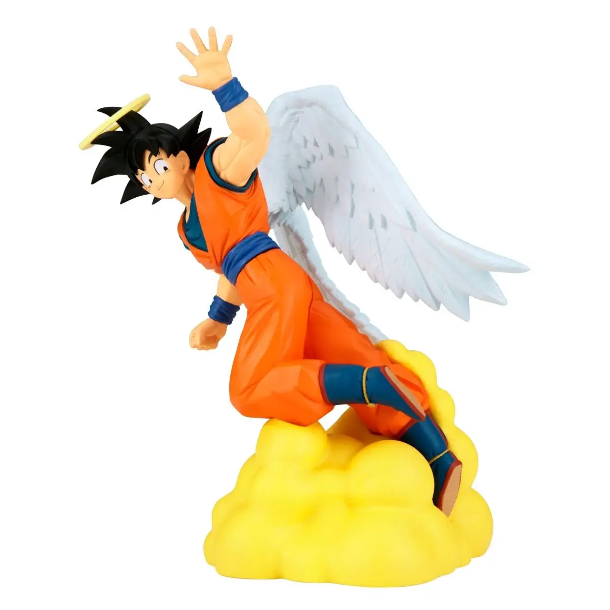 Goku figurine with wings and halo riding a yellow cloud, action pose.