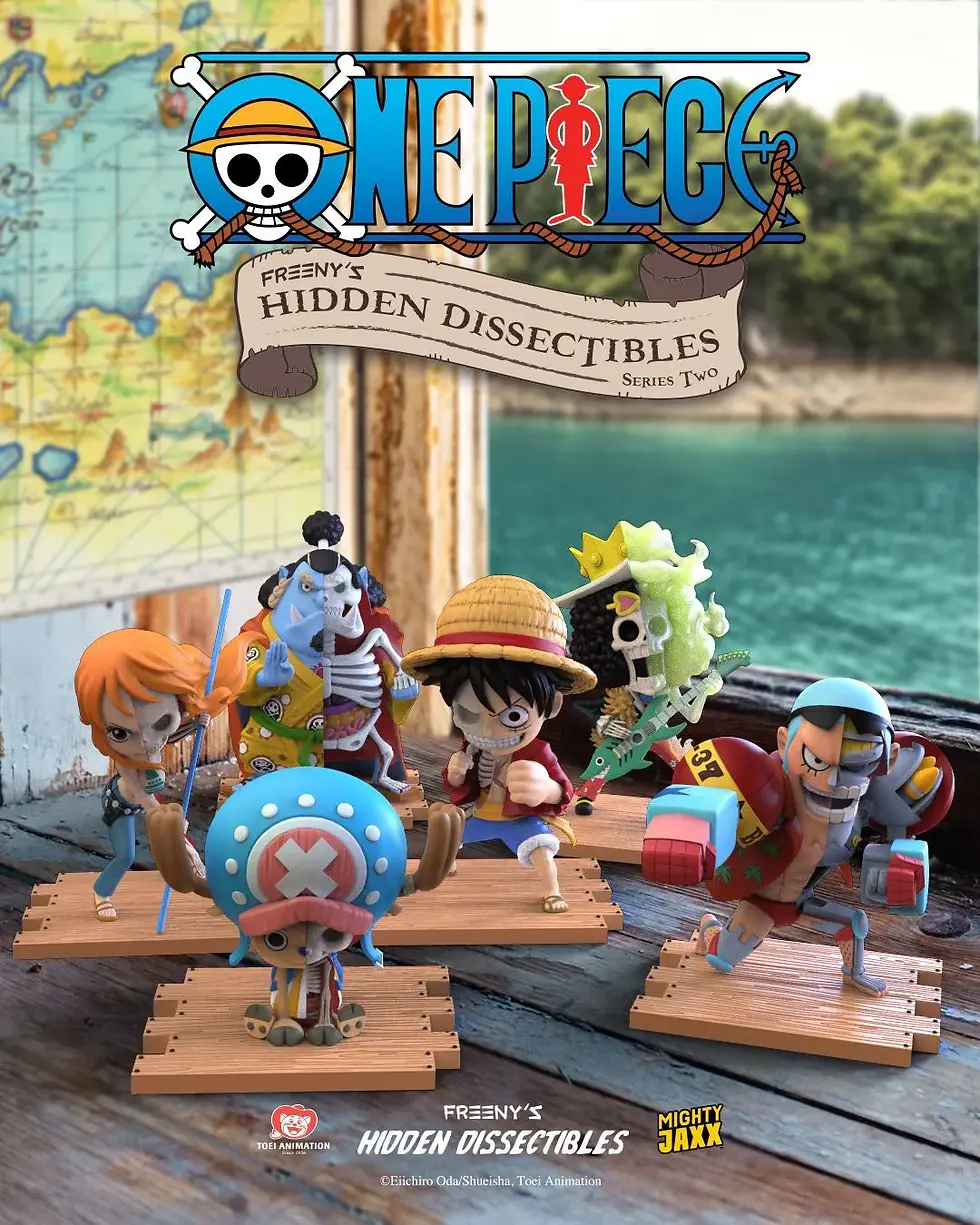Thumbnail: One Piece figures, Freeny's Hidden Dissectibles, Series 02, posing on wooden display platform