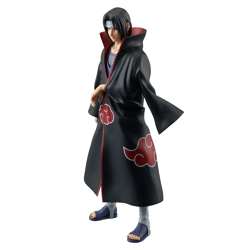 Thumbnail: Naruto Itachi Uchiha figure in Akatsuki cloak, red clouds, standing pose and sandals.