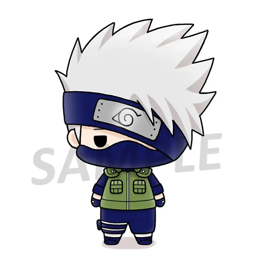 Thumbnail: Cartoon Kakashi, with SAMPLE text, wearing ninja outfit, posed on white background.