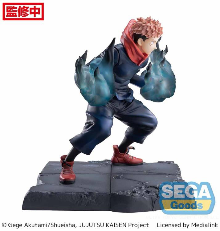 Thumbnail: Yuji Itadori action figure with blue flames and SEGA Goods branding, JUJUTSU KAISEN.