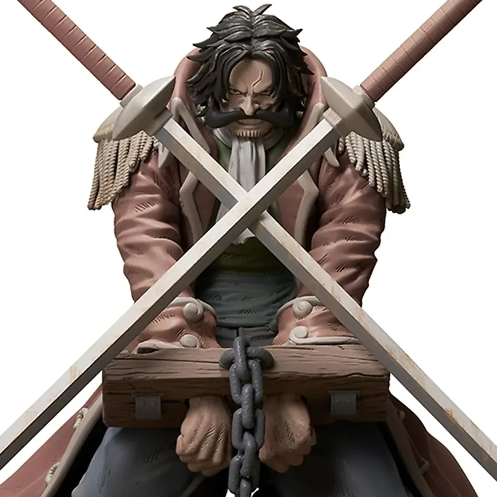 Thumbnail: Gol D. Roger figurine, swords crossed, in shackles, One Piece anime character figure
