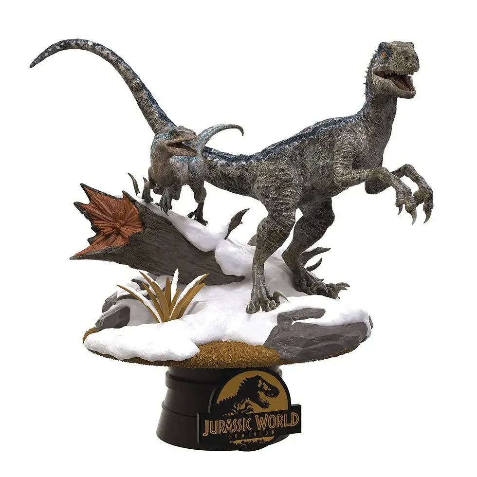 Thumbnail: Two grey velociraptor statues in a snowy setting with Jurassic World logo.