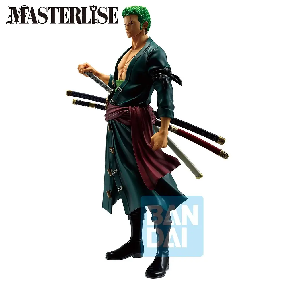 Thumbnail: Masterlise Zoro figure, One Piece character with swords. Ban Dai logo visible.