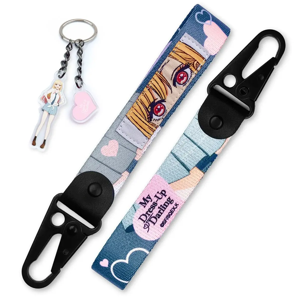 Anime-themed keychains and lanyards with "My Dress-Up Darling" text and characters.
