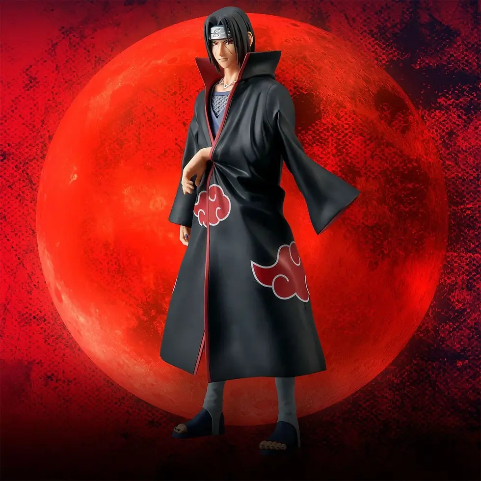 Thumbnail: Itachi Uchiha figure, standing in front of a red moon background, Akatsuki robe.