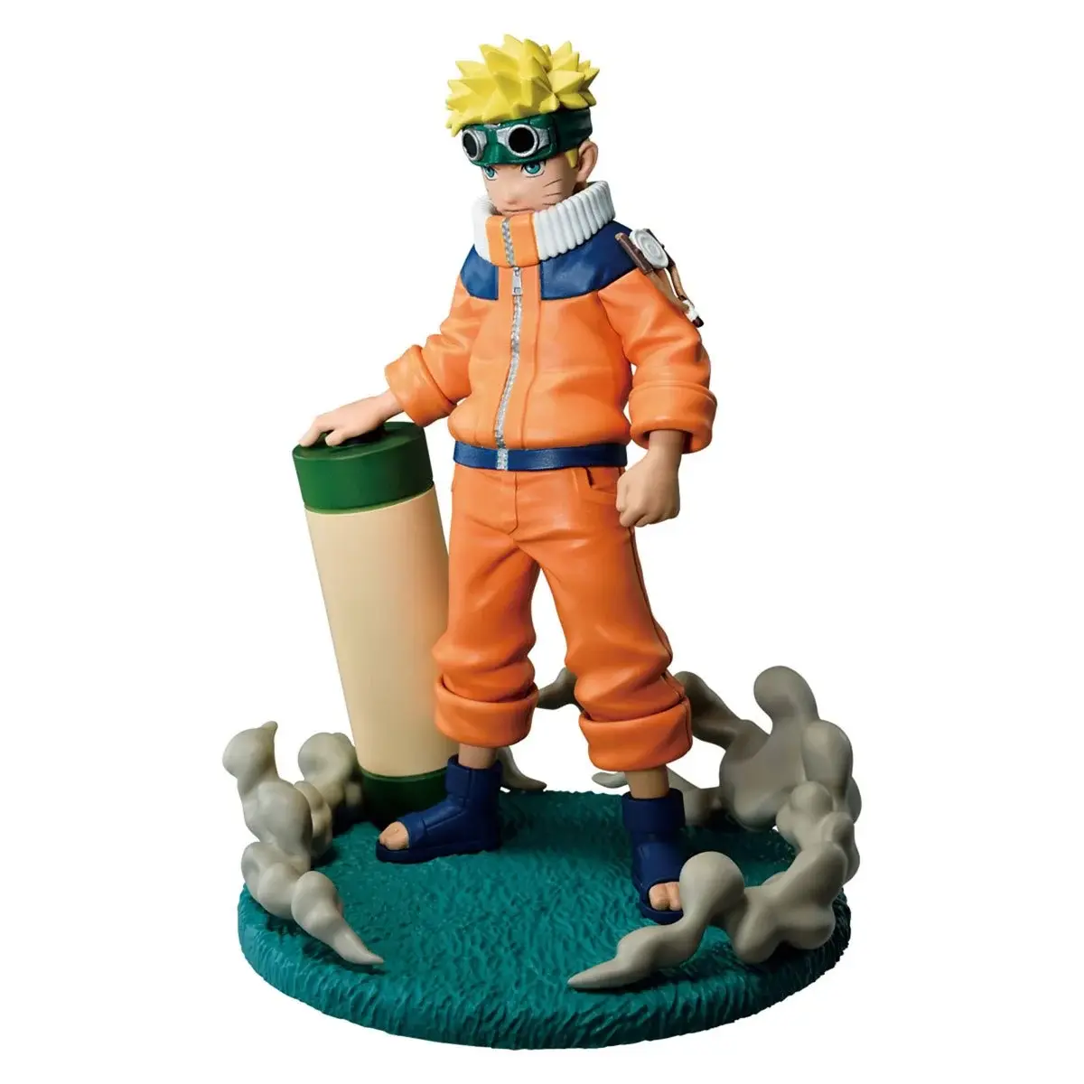 Naruto Uzumaki figure in orange attire poses with a green and white cylinder.