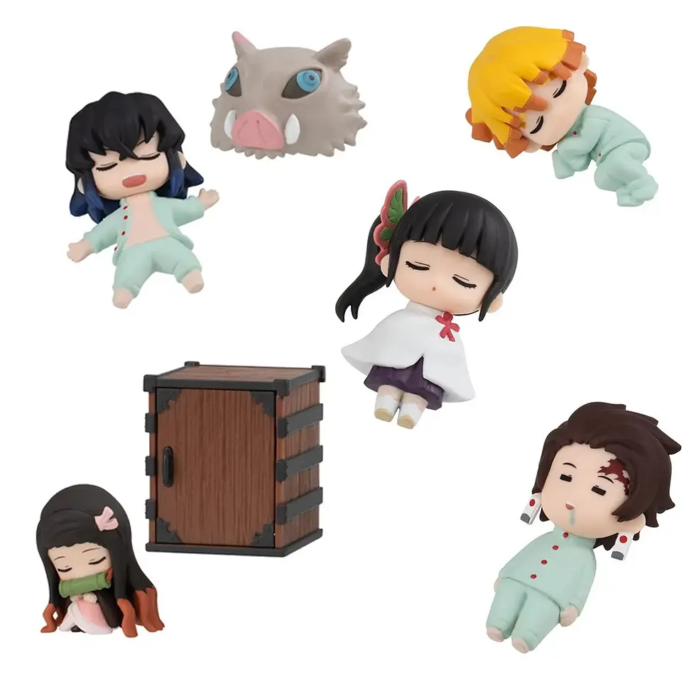 Thumbnail: Various Demon Slayer mini-figures arranged; Inosuke, Zenitsu, Nezuko, Kanao, Tanjiro and a box.