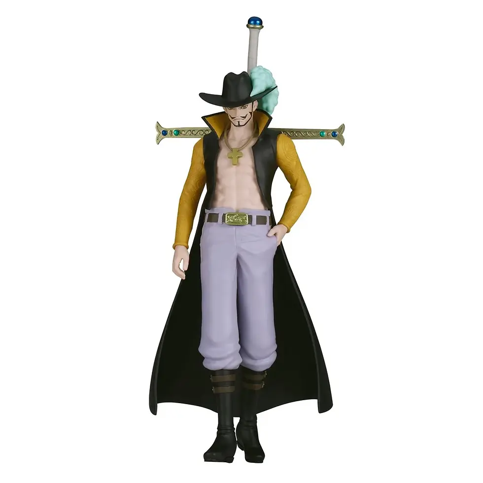 Dracule Mihawk figure is wearing a hat, holding a sword, and standing.