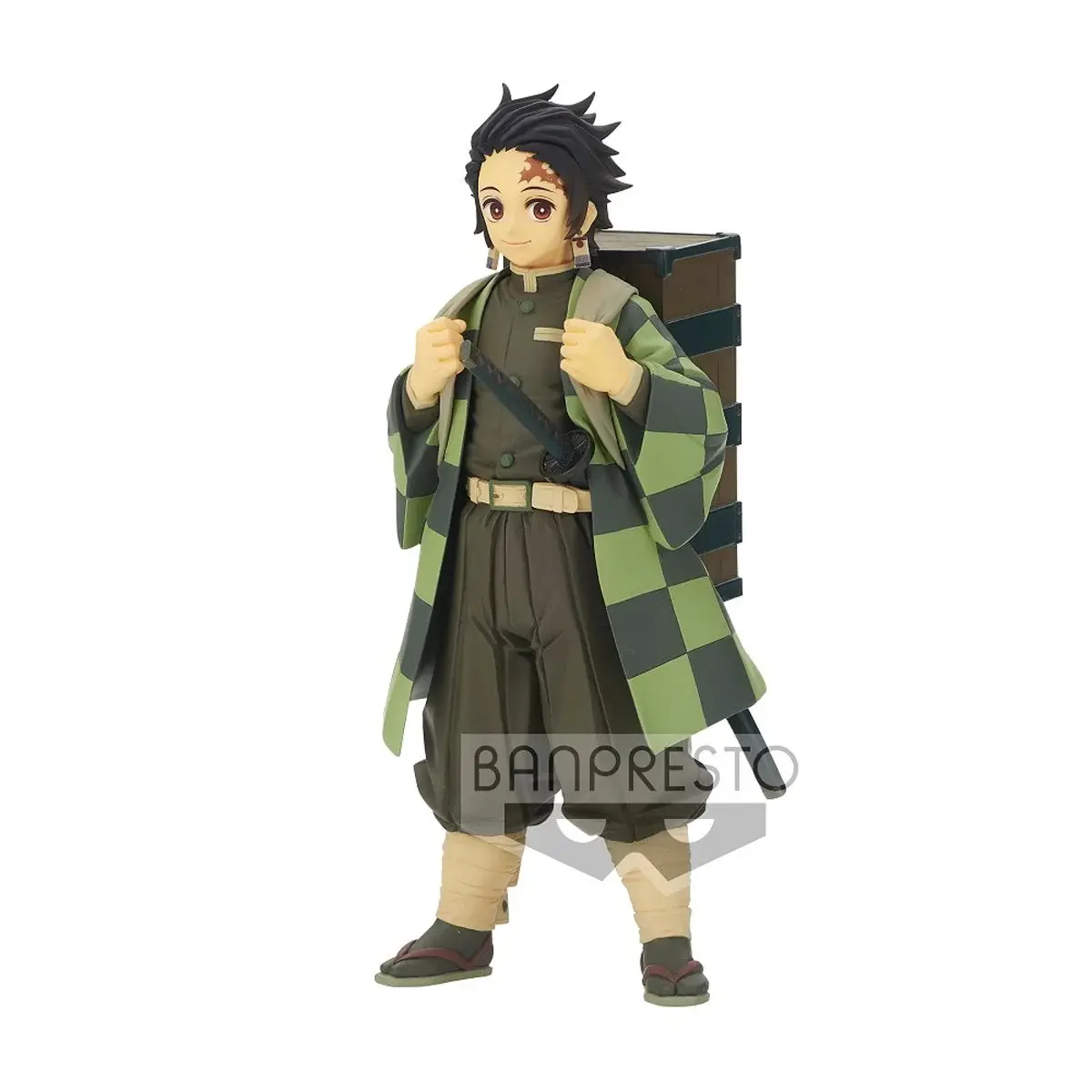 Tanjiro Kamado figure wearing checkered coat and backpack BANPRESTO, ready for adventure.