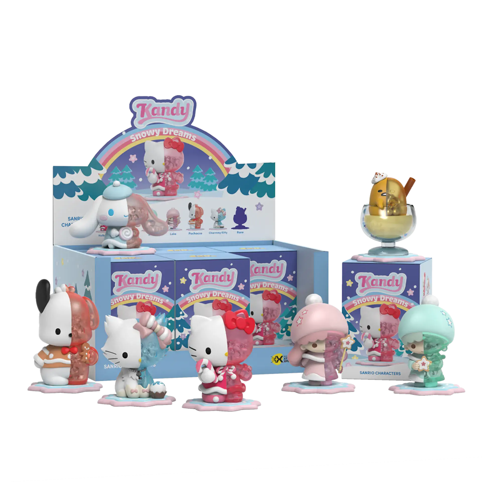 Collection of various Sanrio characters in winter themed costumes standing together