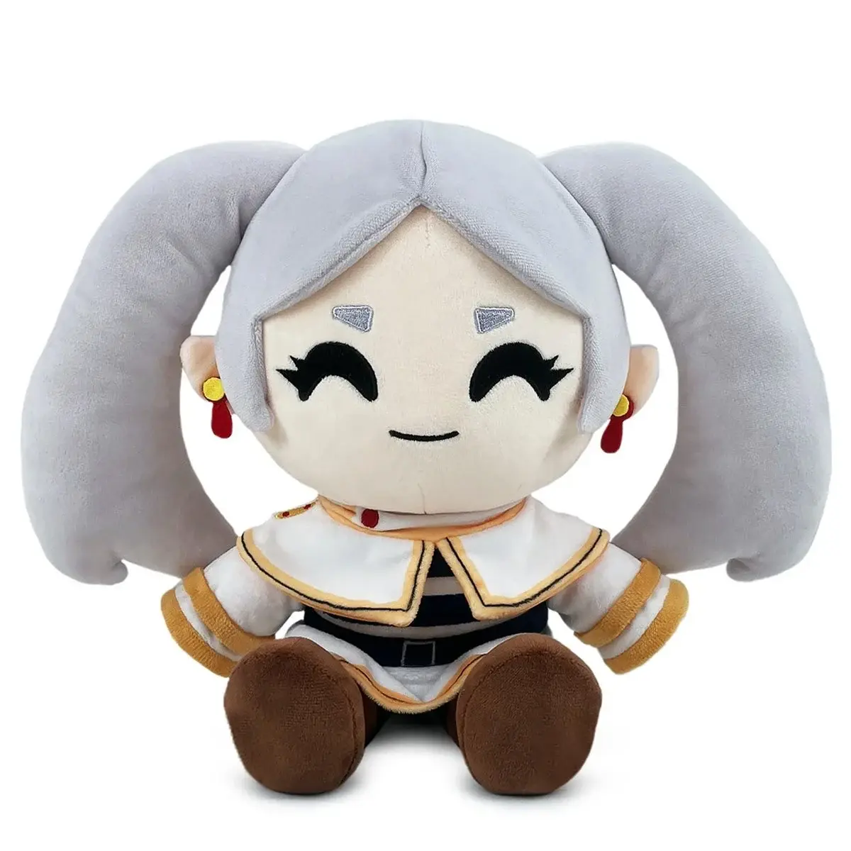 Plushie of a girl with gray hair and a white and gold outfit.