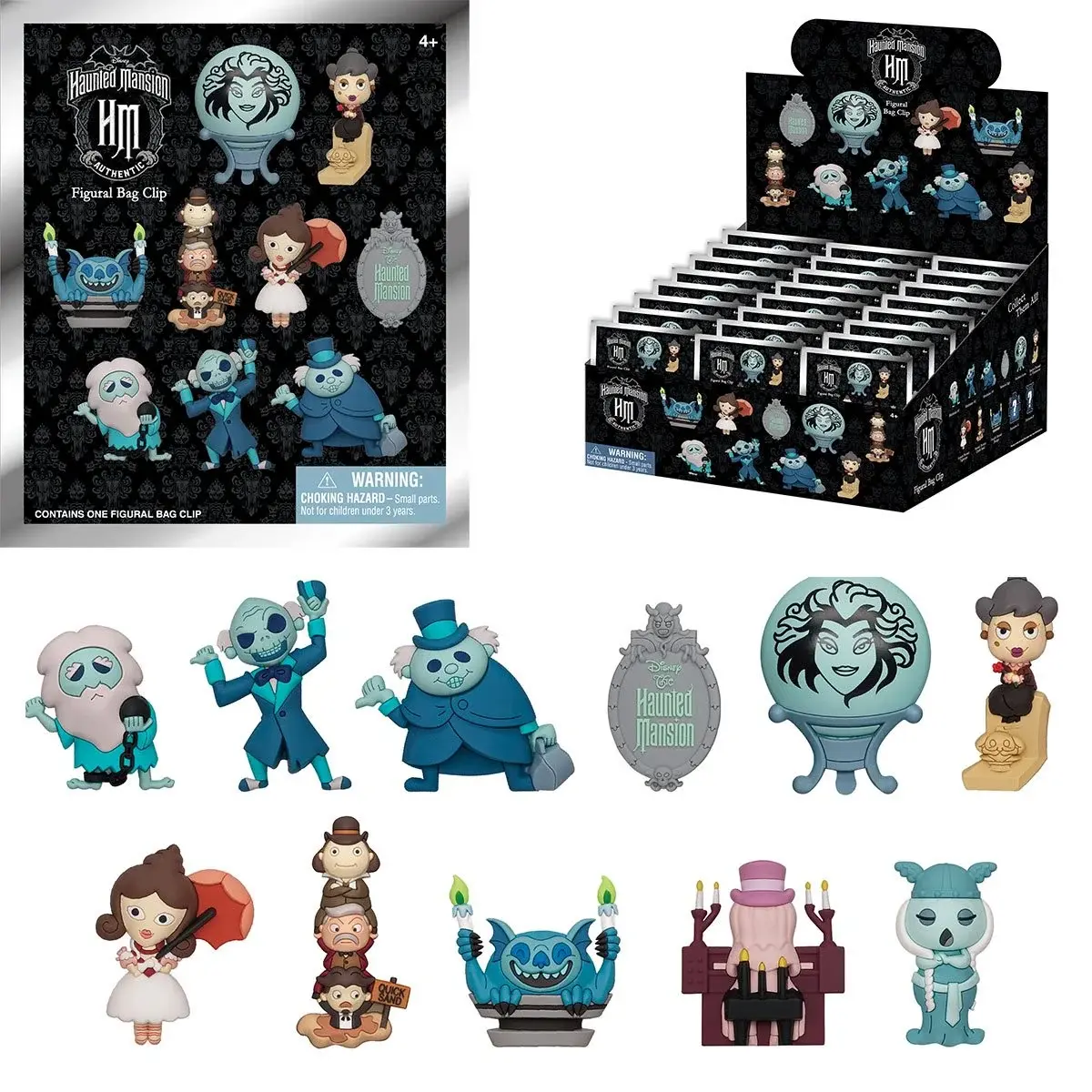 Haunted Mansion Mystery Minis collection display, various characters and visible text.
