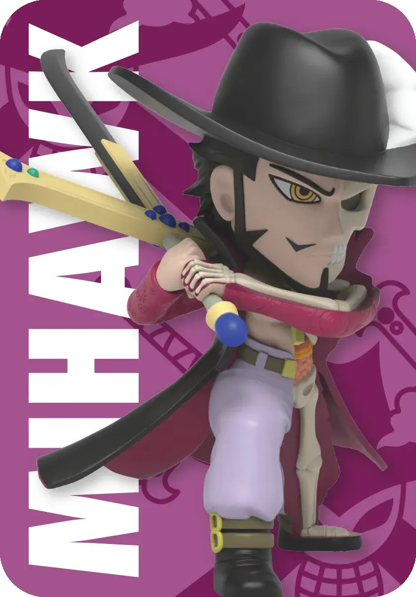 Thumbnail: Mihawk toy figure with text on card MIGHTY JAXX FREENY’S HIDDEN DISSECTIBLES: ONE PIECE (WARLORDS EDITION)