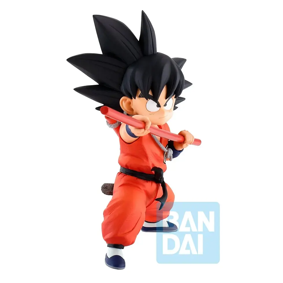 Thumbnail: Young Goku action figure holding a red staff, Bandai logo visible, in stance.