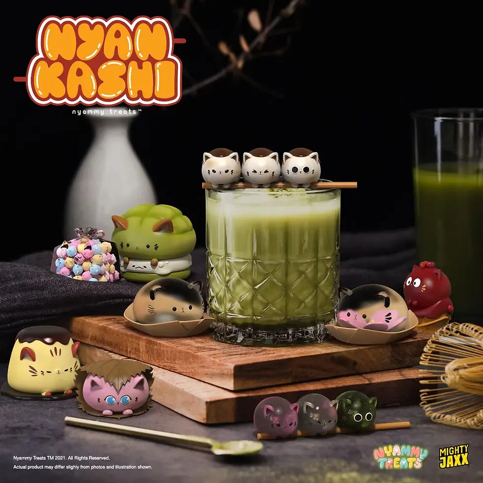 Thumbnail: Various Nyankashi treats arranged with a matcha drink, displaying the product's name.