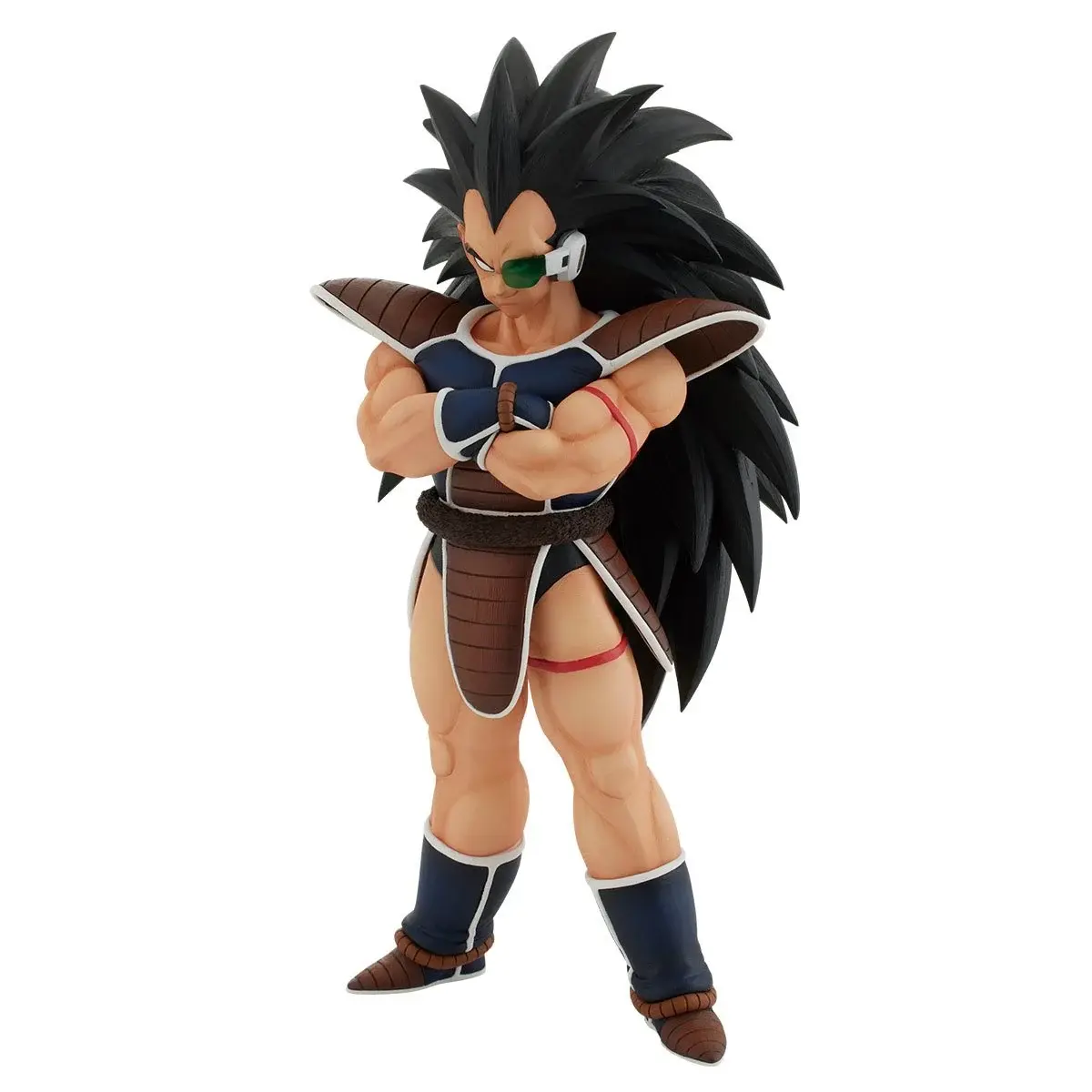 Raditz anime figure, arms crossed, brown armor, and long black spiky hair.