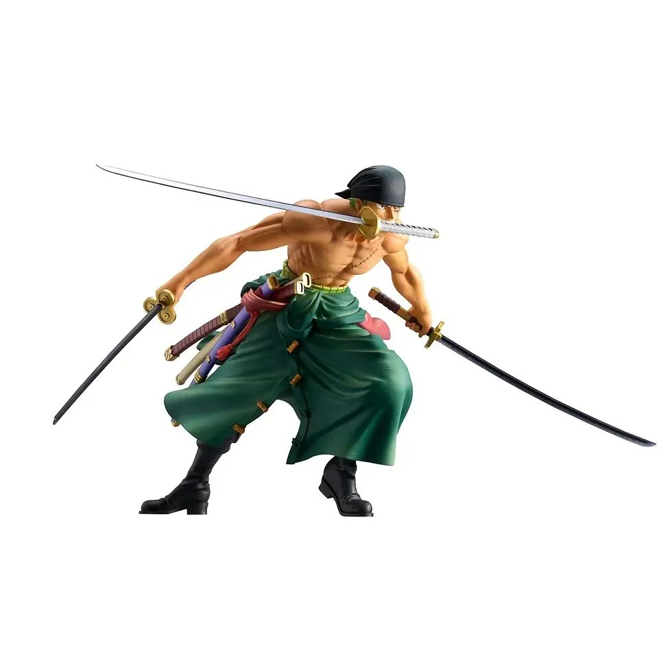 Thumbnail: Zoro figurine with three swords in action, ready for battle, strong pose