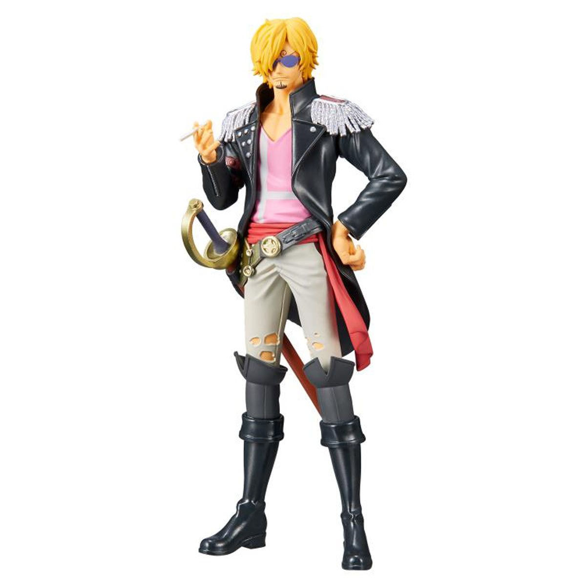 One Piece Sanji figure with cigarette, sword, and black jacket, standing tall.