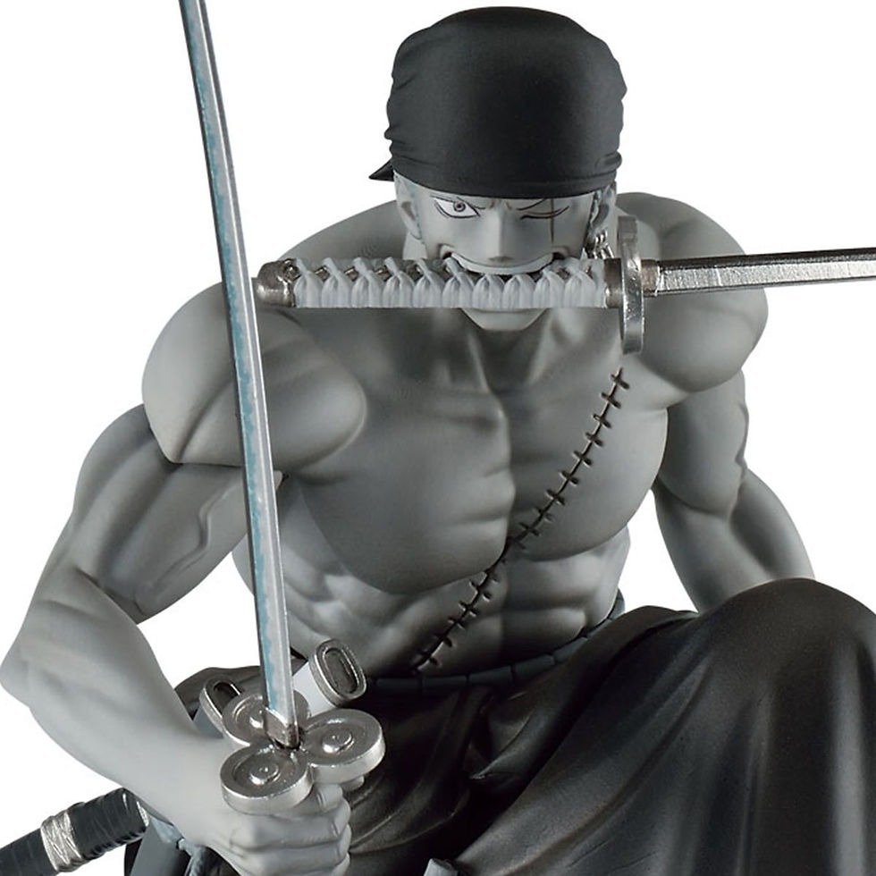 Thumbnail: Roronoa Zoro, a figure, holding swords, from One Piece anime series.