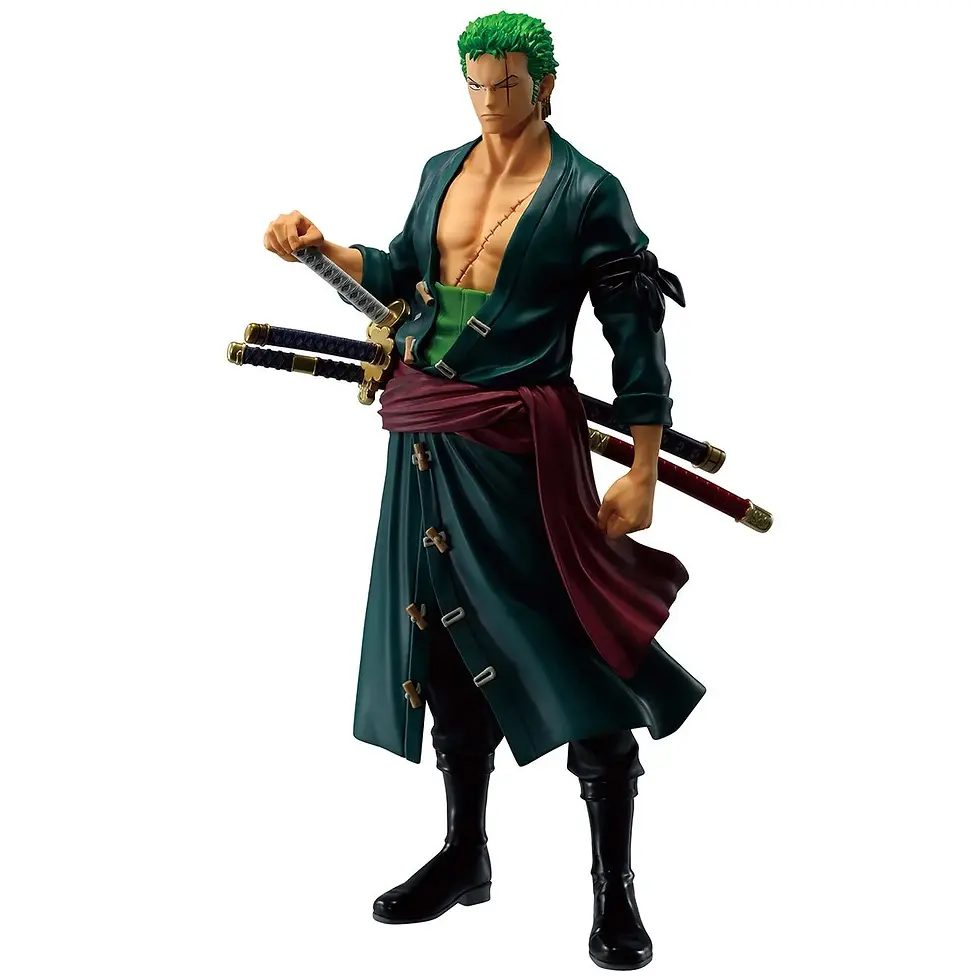 Thumbnail: Anime figure of Zoro holding swords, One Piece character with green hair posing.
