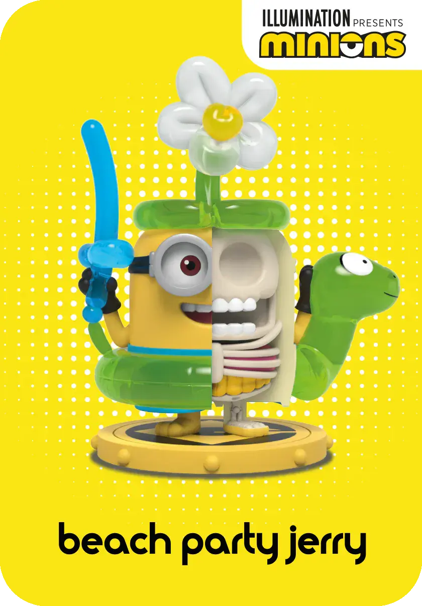 Thumbnail: Minion toy with a flower and half skeleton design on a yellow dotted background.