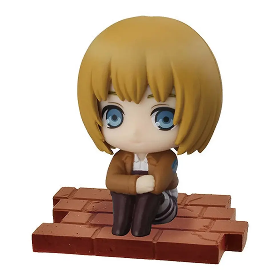 Thumbnail: Armin Arlert chibi figure on brick base, brown jacket, blue eyes, blonde hair.