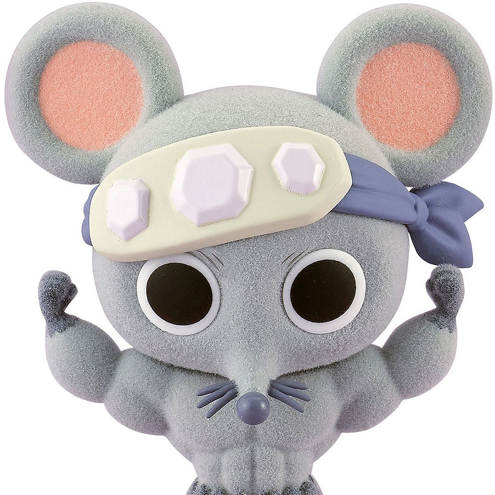 Thumbnail: Muscular gray mouse toy with headband, flexing, showing strength and determination.