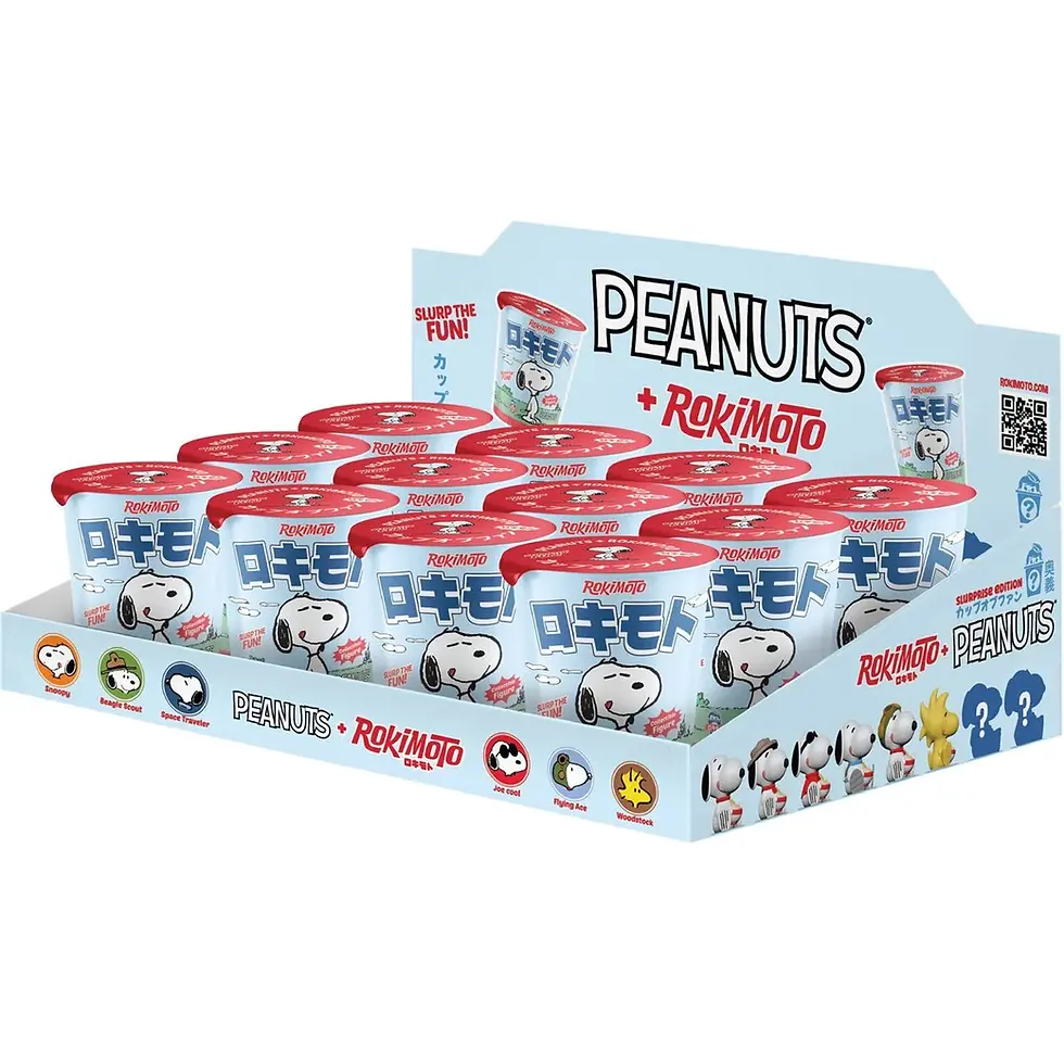 Thumbnail: PEANUTS + RokiMoto product display with Snoopy and Japanese text on the packaging.
