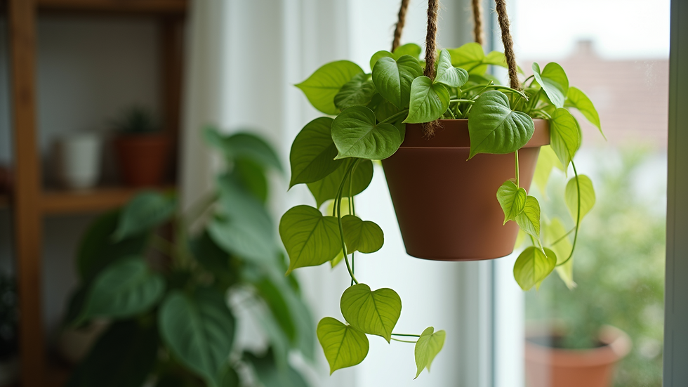 Eye-level view of a thriving Golden Pothos trailing from a hanging planter
